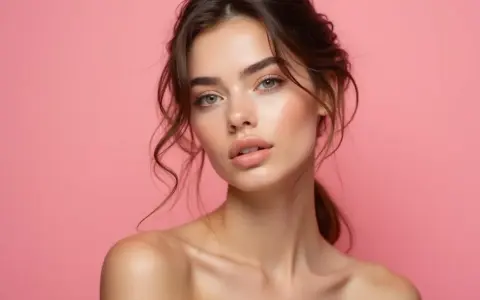 Portret młodej, clean girl z delikatnym makijażem i rozpuszczonymi włosami na różowym tle.