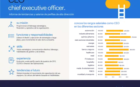 Un CEO dirige estratégicamente, financieramente y opera la organización. El gráfico muestra rangos salariales por sector.