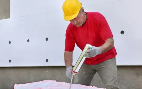 Mann mit gelbem Helm trägt pinken Kleber auf Styropor auf. Er bereitet sich vor, Styropor mit Fliesenkleber zu kleben.