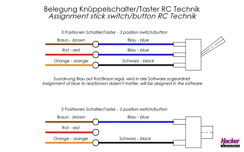 Schaltplan für RC-Technik: Belegung von 3- und 2-Positionen-Schaltern/Tastern mit Kabeln in Braun, Rot, Orange und Schwarz. Die schalterkappen sind hier nicht abgebildet.