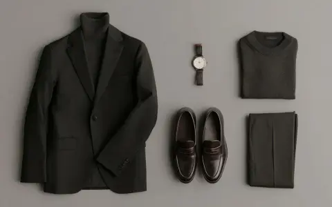 Conjunto elegante: traje negro, jersey de cuello alto, pantalones, reloj y mocasines marrones.