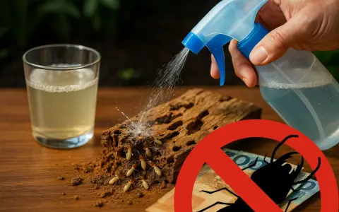 Vinagre para eliminar termitas. Un spray rocía un trozo de madera infestado de termitas, junto a un vaso con líquido.