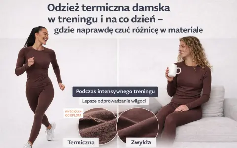 Dwie kobiety w brązowej odzieży termoaktywnej. Jedna biega, druga siedzi z kubkiem. Pokazano, jak działa odzież termoaktywna, odprowadzając wilgoć.