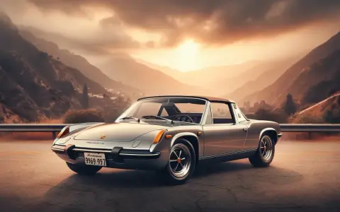 Srebrny Porsche 914 na tle górskiego krajobrazu o zachodzie słońca.