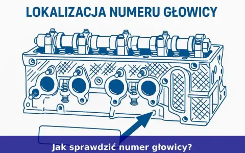 Schematyczny rysunek głowicy silnika z zaznaczonym miejscem, gdzie znajduje się numer silnika. Strzałka wskazuje ten punkt.