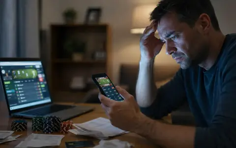 Zmartwiony mężczyzna z telefonem i laptopem, na których widać strony bukmacherskie. Stosy żetonów i rachunków sugerują problem z hazardem w internecie.