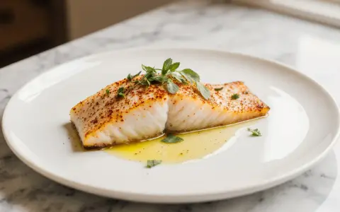 Ein saftiges Stück Backfisch im Airfryer, mit Kräutern und Gewürzen verfeinert, liegt auf einem Teller in flüssigem Gold.