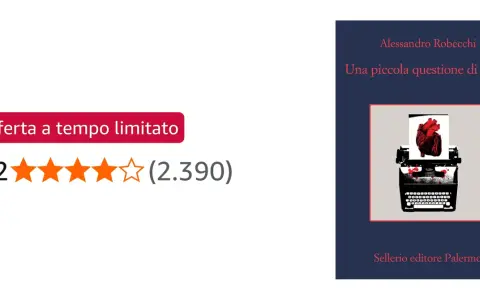 Copertina del libro "Una piccola questione di cuore" di Alessandro Robecchi, con un cuore rosso su una macchina da scrivere. Valutazione 4,2 stelle.