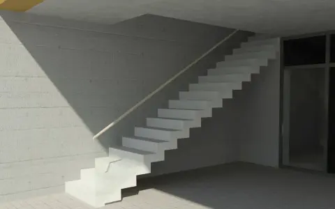 Nowoczesne schody dywanowe na beton, z jasną poręczą, w minimalistycznym wnętrzu.