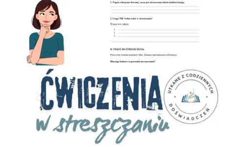 Ilustracja z dziewczynką zastanawiającą się nad tym, jak napisać streszczenie. Ćwiczenia ze streszczania.