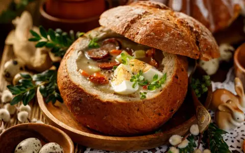 Pyszny żurek podany w wydrążonym bochenku chleba, z kiełbasą, jajkiem i ziołami. Idealny chleb do żurku na Wielkanoc.