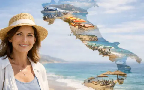 Donna sorridente con cappello di paglia su spiaggia italiana, ideale per sapere dove andare in vacanza a maggio in Italia.