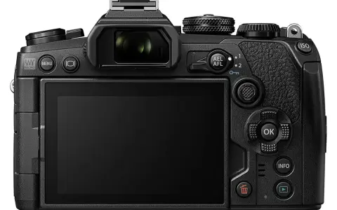 Retro dell'Olympus E-M1 Mark III, con schermo LCD, mirino, pulsanti e rotelle di controllo.