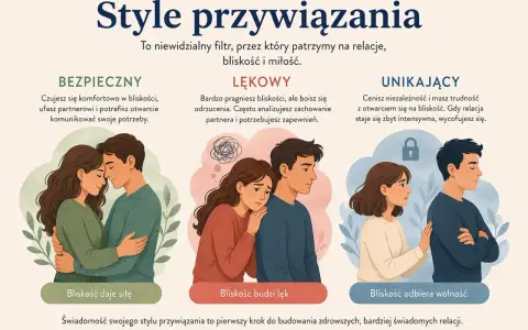 Ilustracja przedstawia trzy style przywiązania: bezpieczny, lękowy i unikający. Pokazuje, jak różne podejścia wpływają na bliskość w relacjach.