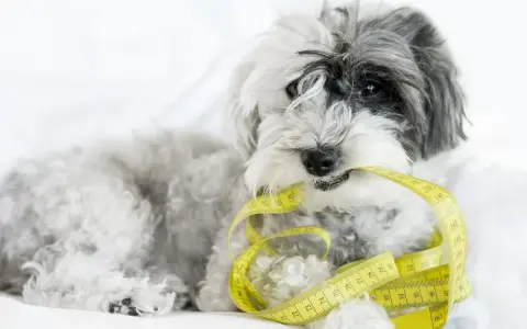 Puszysty piesek trzyma w pysku miarkę krawiecką, symbolizującą tabelę żywienia shih tzu.