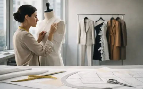 Modista ajusta un vestido en un maniquí, rodeada de patrones y prendas de **marcas pret a porter** colgadas en perchas.