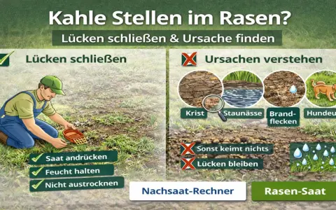 Mann sät Rasen nach, um kahle Stellen im Rasen zu beheben. Ursachen wie Krist, Staunässe, Brandflecken und Hundeurin werden gezeigt.