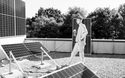 Mann mit Tablet inspiziert Solarmodule auf einem Dach. Der PV-Zubau in Deutschland schreitet voran.