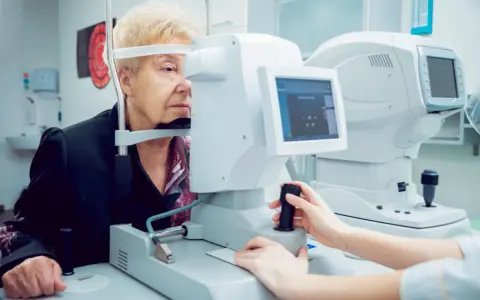 Starsza pani przechodzi badanie pola widzenia w okularach czy bez. Lekarz okulista wykonuje badanie wzroku.