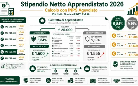 Quanto guadagna un apprendista? Con INPS agevolato, il netto mensile può superare i 1.600€ per una RAL di 25.000€.