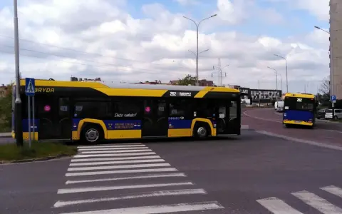 Autobus 262 z napisem "Dużo radości!" zbliża się do przejścia dla pieszych. Sprawdź autobus 136 rozkład jazdy.