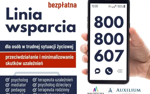 Darmowa infolinia dla alkoholików i ich bliskich. Numer 800 800 607 oferuje wsparcie psychologiczne, mediacje i pomoc prawną.