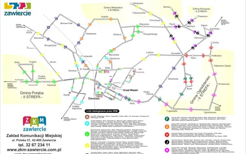 Schemat połączeń komunikacji miejskiej ZKM Zawiercie z zaznaczonymi liniami autobusowymi i przystankami.