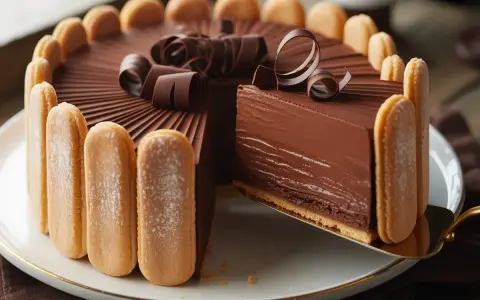 Une délicieuse charlotte au chocolat, ornée de biscuits à la cuillère et de copeaux de chocolat, est servie sur une assiette blanche.