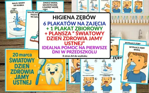 Plakaty edukacyjne o higienie zębów, pokazujące krok po kroku jak dbać o zdrowe zęby. Idealne do przedszkola.
