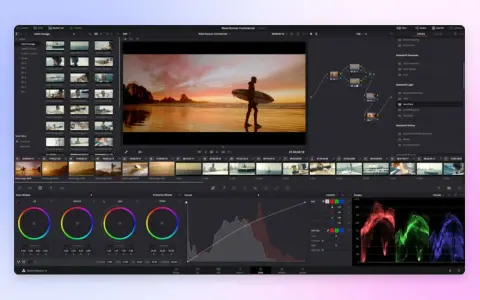Interfaccia di un'app per creare video, con timeline, clip e strumenti di color correction.