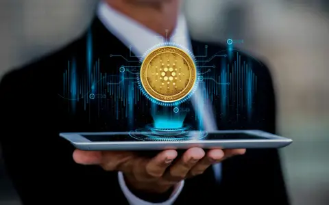 Biznesmen analizuje kurs Cardano (ADA) na tablecie, widząc wykresy i dane.