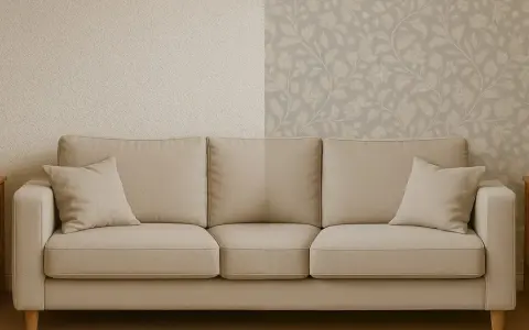 Sofá beige frente a pared dividida: una mitad con gotelé y la otra con papel pintado floral.