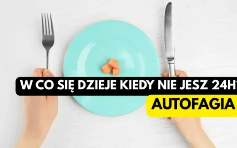 Ręce trzymają widelec i nóż nad talerzem z kilkoma marchewkami. Tekst pyta: "W co się dzieje kiedy nie jesz 24H? Autofagia".