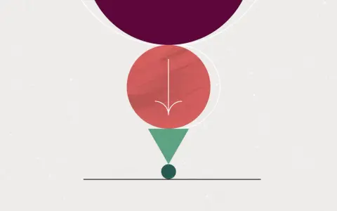 Cerchio rosso con freccia verso il basso, simbolo di troppo lavoro. Sotto, un triangolo verde e un punto blu su una linea nera.