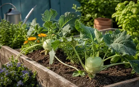 Kohlrabi wächst prächtig im Hochbeet, umgeben von Kräutern und Blumen. Gute Nachbarn für eine reiche Ernte.
