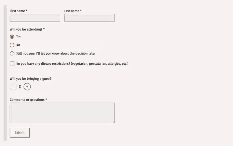 Formularz RSVP: wpisz imię, nazwisko, wybierz "Tak" lub "Nie" na pytanie "Czy będziesz obecny?", podaj liczbę gości i uwagi. Jak napisać potwierdzenie przybycia.