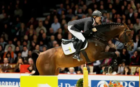 Le jeune cavalier Sandro, en plein saut d'obstacles, impressionne la foule.