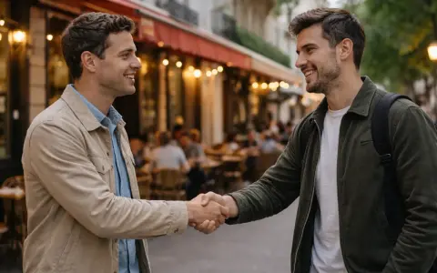 Dos hombres sonríen mientras se dan la mano frente a un café parisino. Uno le dice al otro "merci" para agradecerle en francés.