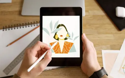 Ręce trzymają tablet, na którym wyświetla się portret kobiety w stylu procreate android. Obok leży notatnik i ołówek.