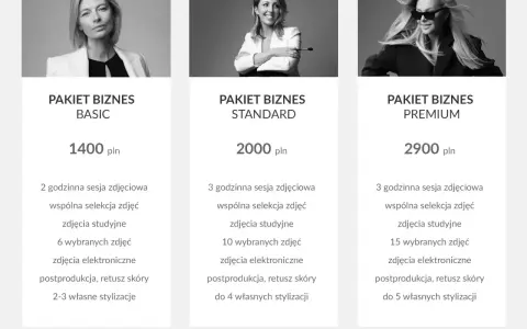 Cennik sesji zdjęciowej: pakiety Basic (1400 zł), Standard (2000 zł) i Premium (2900 zł).