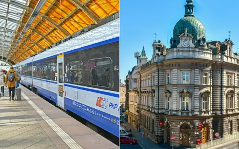 Pociąg PKP IC na peronie, gotowy do podróży. Obok zabytkowy budynek Poczty Polskiej. Czy to początek drogi do Wiednia?