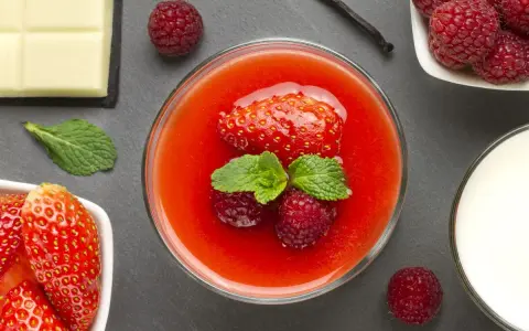 Delizioso dessert con coulis di fragole, fragole fresche, lamponi, menta, cioccolato bianco e un baccello di vaniglia.