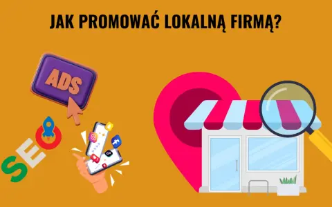 Grafika przedstawia elementy **marketingu lokalnego**: sklep, lupę, ikonę lokalizacji, przycisk "ADS", rakietę SEO i smartfon z ikonami mediów społecznościowych.
