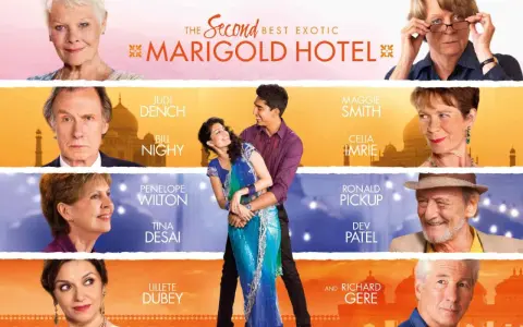 Plakat filmu "The Second Best Exotic Marigold Hotel" z gwiazdami, idealny dla miłośników kina dla seniorów.