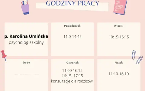 Grafika przedstawia grafik pracy p. Karoliny Umińskiej, psycholog szkolny. Sprawdź, ile wynosi etat pedagoga szkolnego, przeglądając godziny pracy od poniedziałku do piątku.
