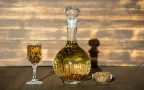 Wódka z pieprzem przepis: nalewka w karafce i kieliszku, obok miseczka z ziarnami pieprzu.