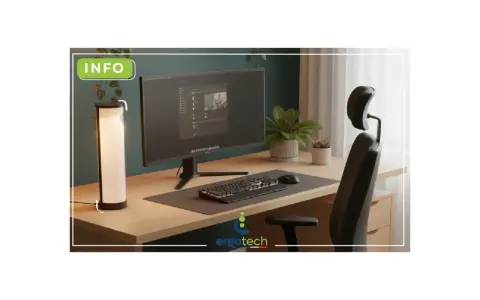 Bureau moderne avec écran, clavier, souris, lampe et chaise ergonomique. L'éclairage ambiant assure un excellent indice de rendu des couleurs pour le travail.