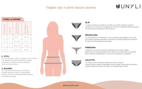 Tabella misure per slip donna: circonferenza vita e bacino. Trova la tua taglia perfetta per un comfort ottimale.