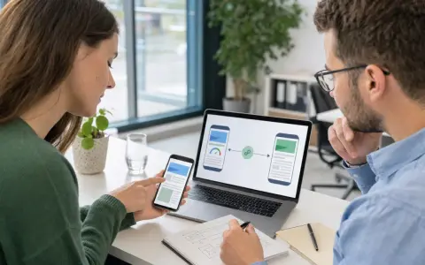 Zwei Personen besprechen am Laptop und Smartphone ein Webdesign. Die Bildschirme zeigen eine Verknüpfung, die an amp google erinnert.