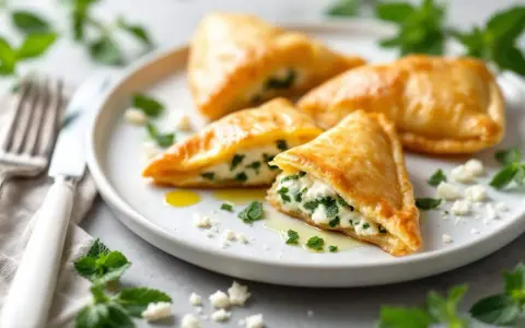 Trois délicieux bricks au four, dorés et croustillants, garnis d'une préparation crémeuse au fromage et aux herbes fraîches, sur une assiette blanche.